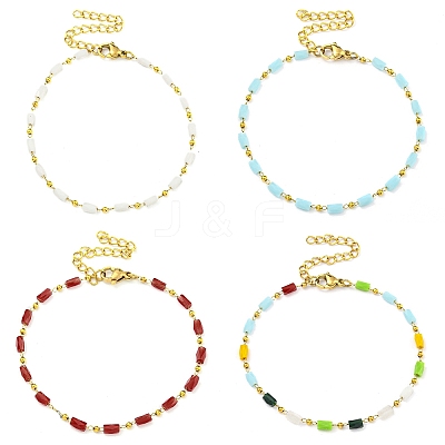 PVD Vacuum Plating 304 Stainless Steel & Glass Column Link Chain Bracelets for Women BJEW-P334-14G-1