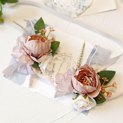 2Pcs 2 Style Silk Cloth Imitation Peony Corsage Boutonnieres AJEW-CP0001-59B-1