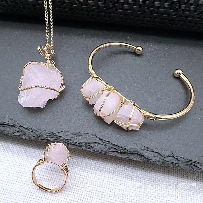 Wire Wrapped Nuggets Natural Rose Quartz Pendant Necklace & Cuff Bangle & Rings Sets FS-WG99384-04-1