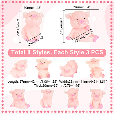 24Pcs 8 Styles Resin Pig Figurines Ornaments DJEW-GA0001-55-1