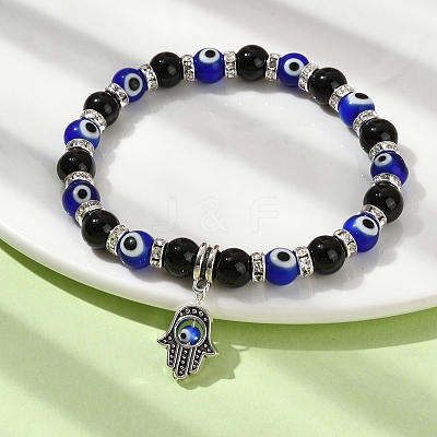 Natural Black Onyx & Rhinestone & Evil Eye Beaded Stretch Bracelets BJEW-TA00448-1
