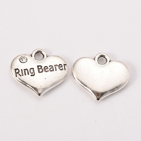 Wedding Theme Antique Silver Tone Tibetan Style Heart with Ring Bearer Rhinestone Charms X-TIBEP-N005-15C-1