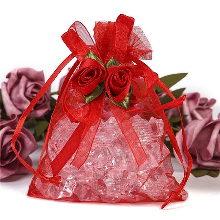 10Pcs Organza Gift Drawstring Bags with Rose PW-WGCF1DC-03-1