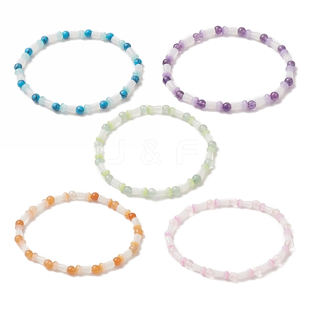 Natural & Synthetic Mixed Gemstone Round & Glass Mushroom Beaded Stretch Bracelet for Women BJEW-JB09266-1