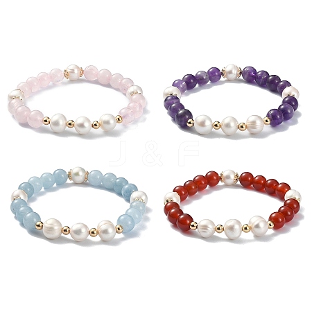 Natural Mixed Gemstone & Pearl Beaded Stretch Bracelet for Women BJEW-JB09384-1