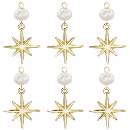 6Pcs Brass & Natural Pearl Star Pendants KK-BBC0019-33-1