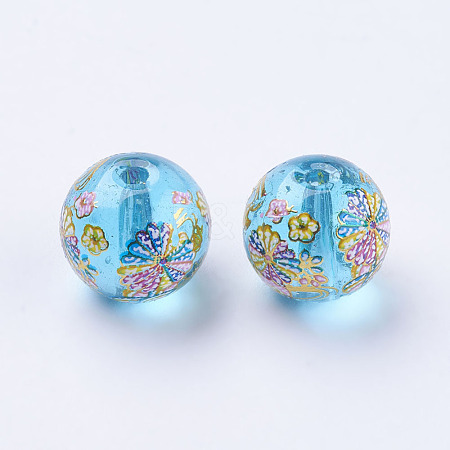 Flower Picture Printed Glass Beads GLAA-E399-10mm-D02-1