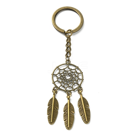 Woven Net/Web with Feather Pendant Alloy Keychain KEYC-WH0004-74AB-1