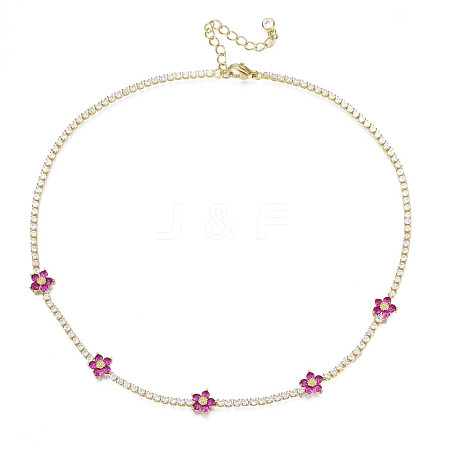 Cubic Zirconia Classic Tennis Necklace with Flower Links NJEW-N048-01E-1