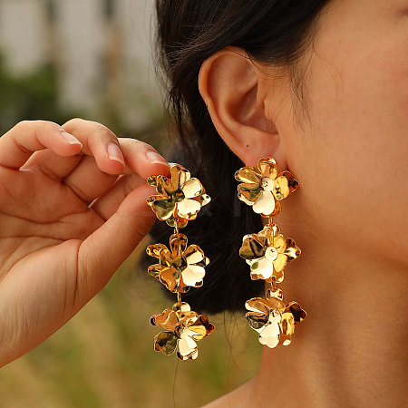 Triple Flower Brass Stud Earrings LS-EJEW-K257-05G-1
