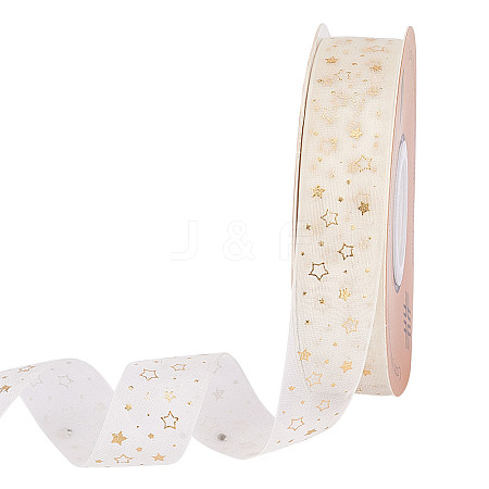20 Yards Hot Stamping Star Polyester Chiffon Ribbons AJEW-WH0518-71B-1