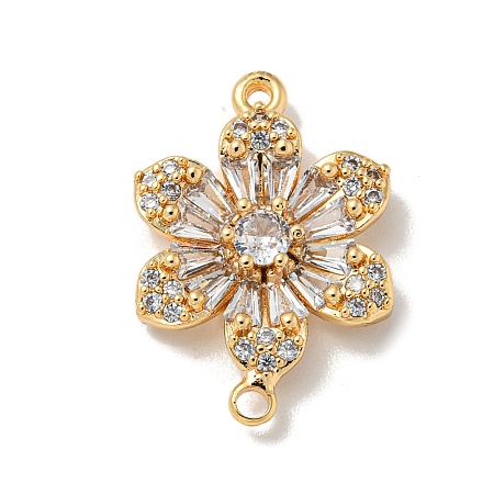 Brass Pave Clear Cubic Zirconia Flower Links Connector Charms KK-K378-24G-1