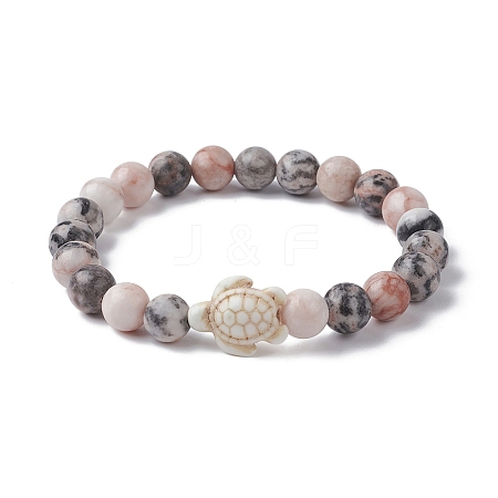 Natural Pink Zebra Jasper & Howlite Turtle Beaded Stretch Bracelets BJEW-JB09831-1