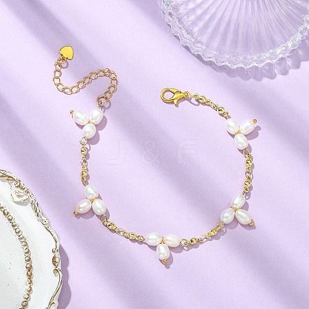 Natural Cultured Freshwater Pearl & Brass Charm Bracelets for Women BJEW-JB14108-1