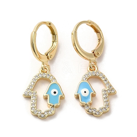 Hamsa Hand with Evil Eye Real 18K Gold Plated Brass Dangle Leverback Earrings EJEW-Q797-22G-02-1