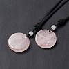 Natural Rose Quartz Flat Round with Flower of Life Pendant Necklace with Nylon Cord for Women NJEW-P274-02-06-1