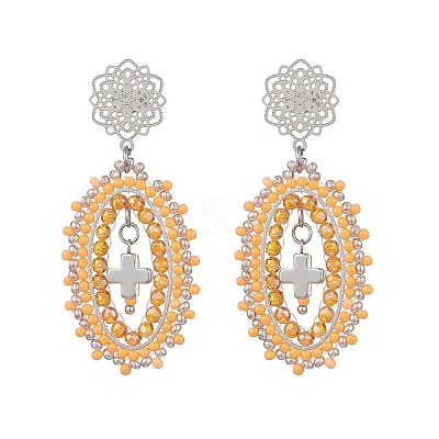Cross Oval Glass Seed Bead Woven Stud Earrings EJEW-MZ00595-02-1