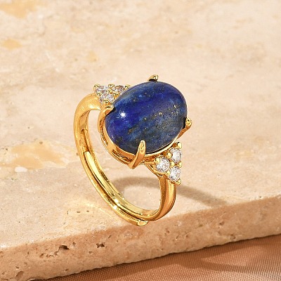 Brass Micro Pave Cubic Zirconia with Natural Lapis Lazuli Cuff Open Rings RJEW-T035-01G-B-1