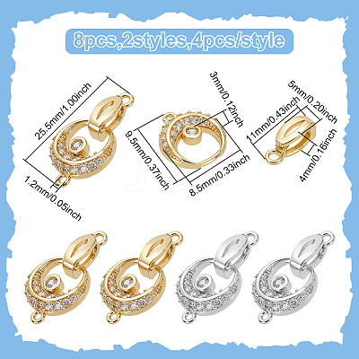 8Pcs 2 Colors Brass Micro Pave Clear Cubic Zirconia Fold Over Clasps KK-ME0003-49-1