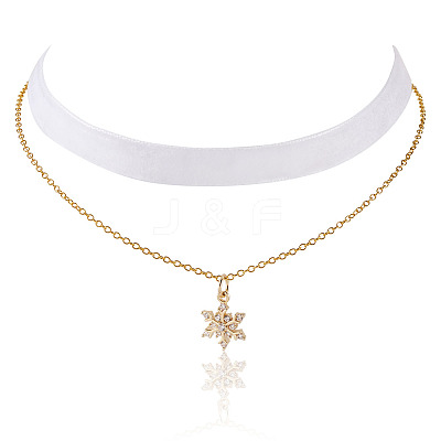 Brass Micro Pave Clear Cubic Zirconia Snowflake Pendant Single Face White Velvet Ribbon & Brass Chain Double Layered Choker Necklaces NJEW-TAC0037-1