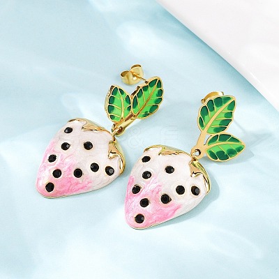 304 Stainless Steel Enamel Strawberry Dangle Stud Earrings EJEW-A138-10G-02-1