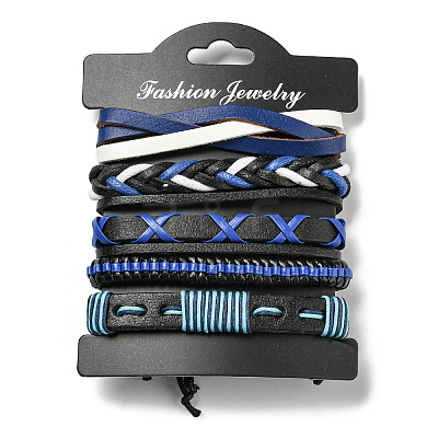 5Pcs 5 Style Adjustable Braided Imitation Leather Cord Bracelet Sets with Waxed Cord for Men BJEW-F458-01-1