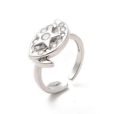 Clear Cubic Zirconia Moon & Star Open Cuff Ring RJEW-C055-03P-1