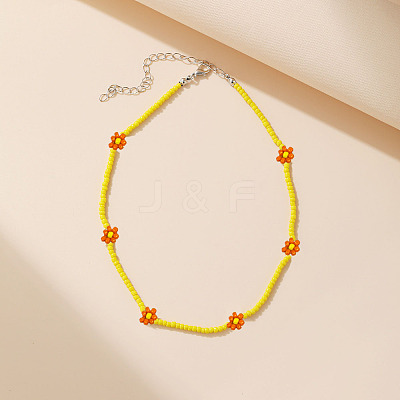Bohemian Daisy Flower Glass Seed Beaded Necklaces with Alloy End Chains FS-WGC49A6-16-1