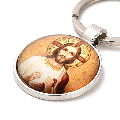 I Love Jesus Symbol Glass Pendant Keychain with Alloy Jesus Fish Charm KEYC-G058-01E-1