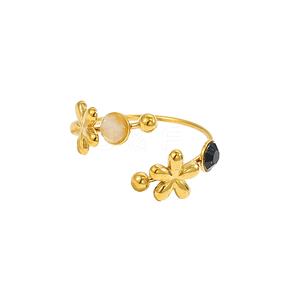 304 Stainless Steel & Nstural Gemstone & Cubic Zirconia Cuff Rings for Women STAS-OY012-53G-1