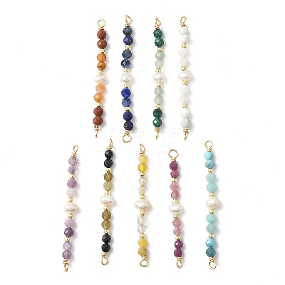 9Pcs 9 Styles Faceted Round Natural Mixed Stone & Potato Natural Cultured Freshwater Pearl Beaded Connector Charms PALLOY-JF03531-S-1
