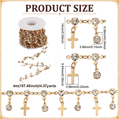 4M Flat Round with Cross Charm Brass Rhinestone Chains DIY-PH0030-93LG-1