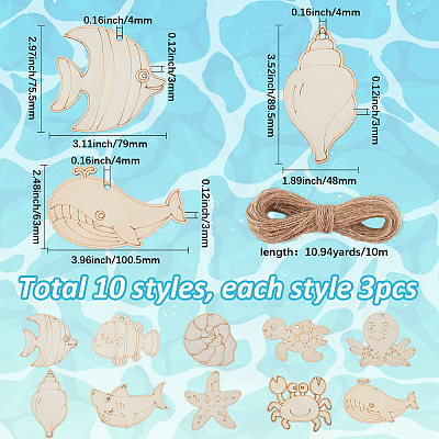 30Pcs 10 Styles Ocean Theme Unfinished Blank Wooden Pendants Set for Painting Arts DIY-SP0003-90-1