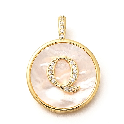 Rack Plating Brass Micro Pave Clear Cubic Zirconia Pendants with Shell KK-M309-42G-Q-1