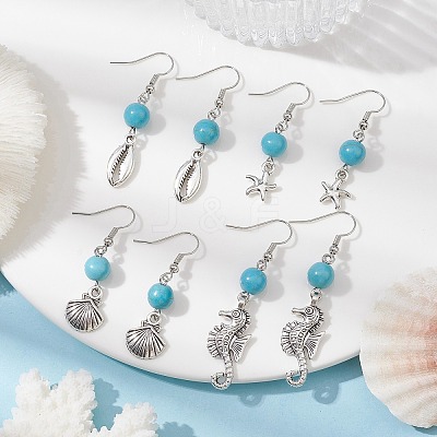 Synthetic Turquoise Beaded Dangle Earrings EJEW-JE05496-1