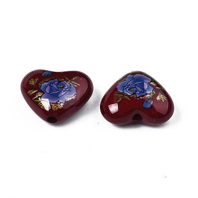 Flower Printed Opaque Acrylic Heart Beads SACR-S305-28-L02-1