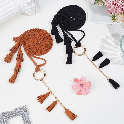 2Pcs 2 Colors Bohemian Imitation Leather Tassel with Alloy Ring Waist Chain Belts for Women AJEW-CL0005-22B-1