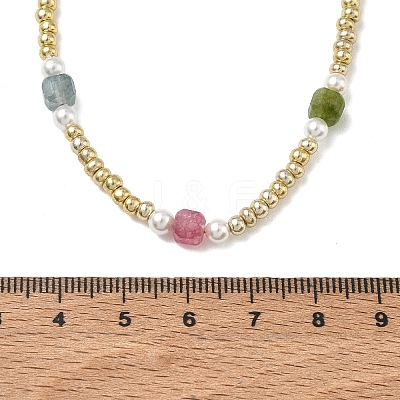 Faceted Cube Natural Multicolor Tourmaline and Glass Seed Beads Beaded Necklaces for Women NJEW-JN06668-1