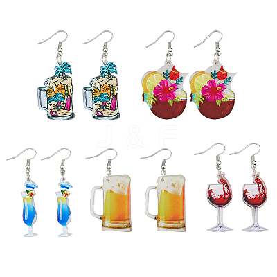5 Pairs 5 Styles Acrylic Wine Glass Dangle Earrings with 304 Stainless Steel Pins EJEW-FI0001-68-1