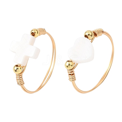 Natural Freshwater Shell with Copper Wire Finger Rings RJEW-JR00956-1