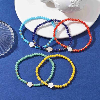 Flower Natural Shell & Glass & Seed Beaded Stretch Bracelet BJEW-JB10183-1