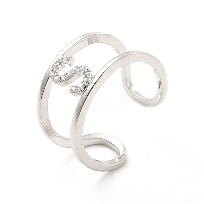 Clear Cubic Zirconia Initial Letter Open Cuff Ring RJEW-A012-01P-S-1