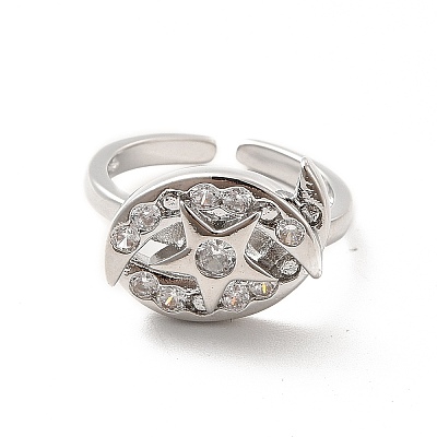 Clear Cubic Zirconia Moon & Star Open Cuff Ring RJEW-C055-03P-1