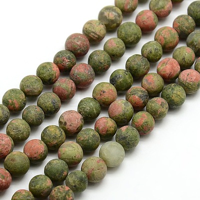 Natural Frosted Unakite Round Bead Strands G-M064-6mm-06-1