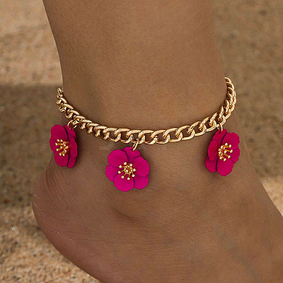 Triple Deep Pink Flower Alloy Charm Twisted Chain Anklets for Women FS-WGF82CC-01-1