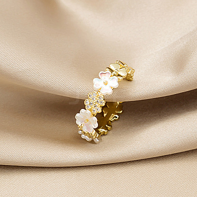 Flower Brass Micro Pave Clear Cubic Zirconia Cuff Rings for Women FS-WG9A424-01-1