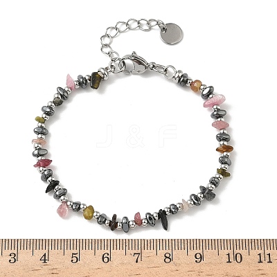Natural Multicolor Tourmaline Chip & Non-magnetic Synthetic Hematite Beaded Bracelet for Women BJEW-Z148-02P-06-1