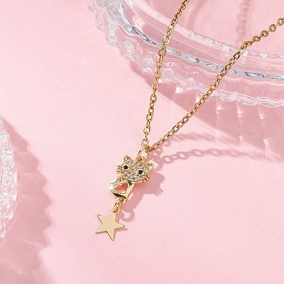 Cat with Star Brass Micro Pave Clear Cubic Zirconia Pendant 304 Stainless Steel Cable Chain Necklaces for Women NJEW-JN05716-1