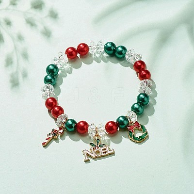 Acrylic Pearl Beaded Stretch Bracelet with Alloy Enamel Charms BJEW-JB08292-1