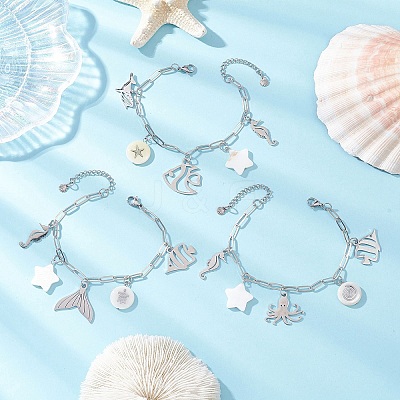 3Pcs Ocean Theme 304 Stainless Steel Charm Bracelets BJEW-JB12218-1